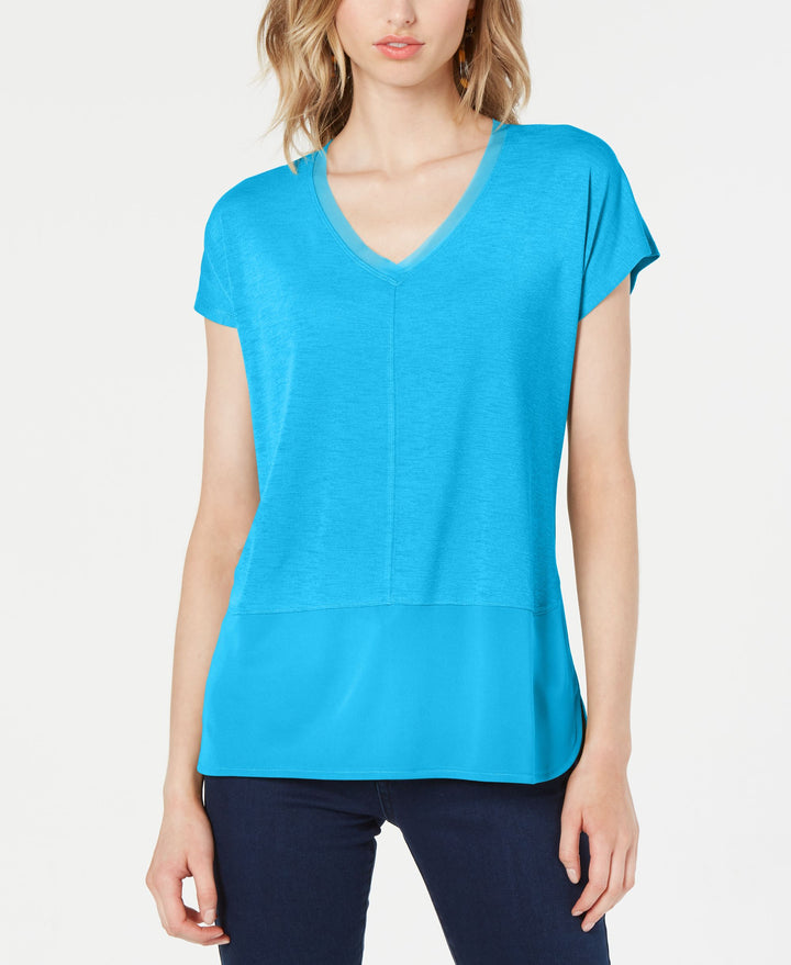 V-Neck Mixed-Media Mesh Top