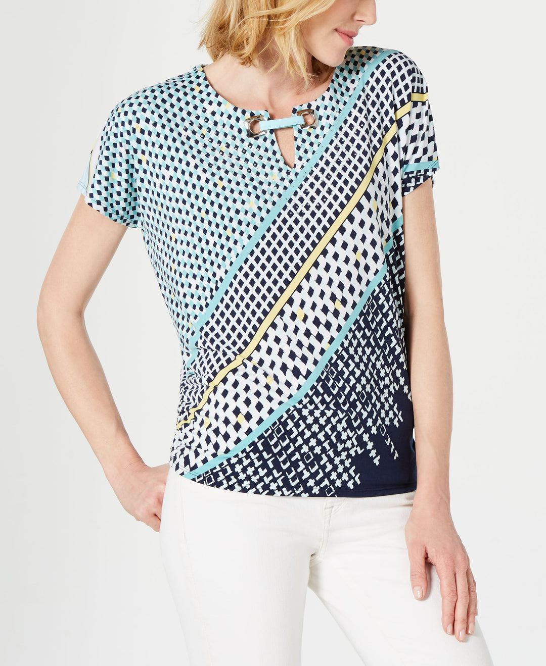 JM Collection Printed Grommet Keyhole Top