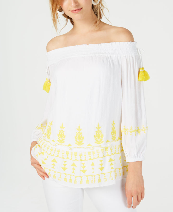 Smocked Embroidered Off The Shoulder Top