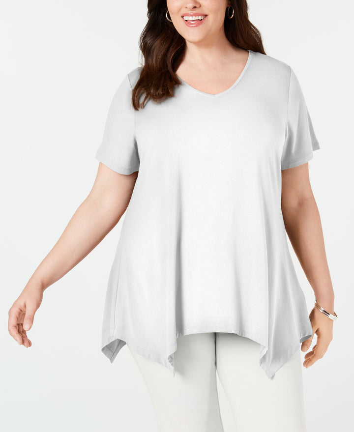 Plus Size V-Neck Handkerchief-Hem Top