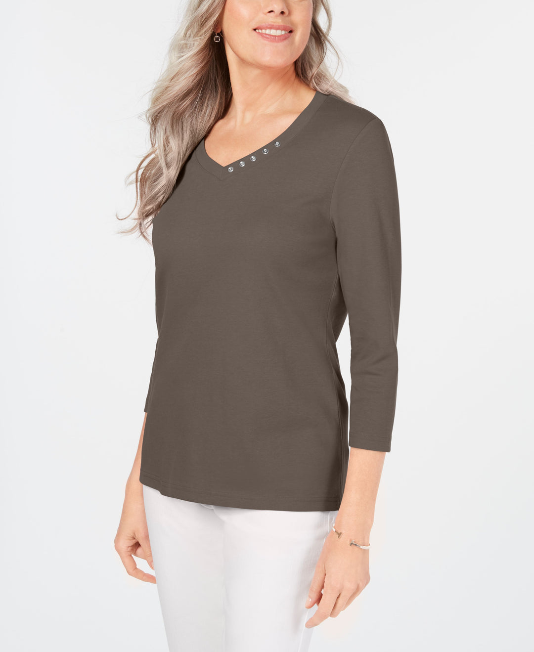 Karen Scott Cotton V-Neck Button-Trim Top