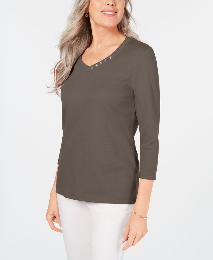 Karen Scott Cotton V-Neck Button-Trim Top