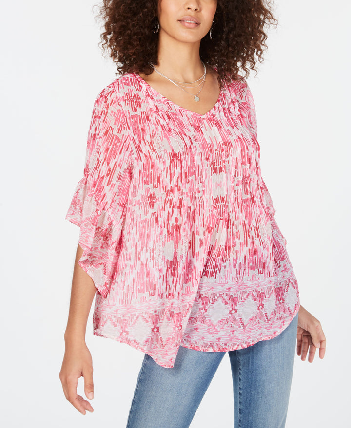 Retro Scarf-Print Pintuck-Pleat Top