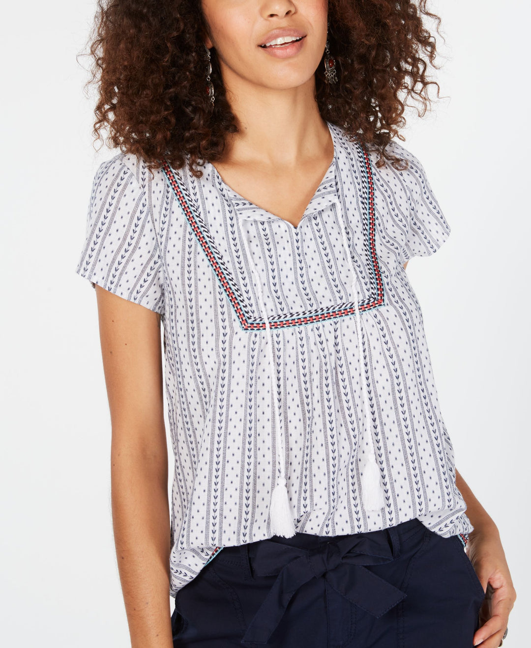 Style & Co Cotton Striped Trim Peasant Top