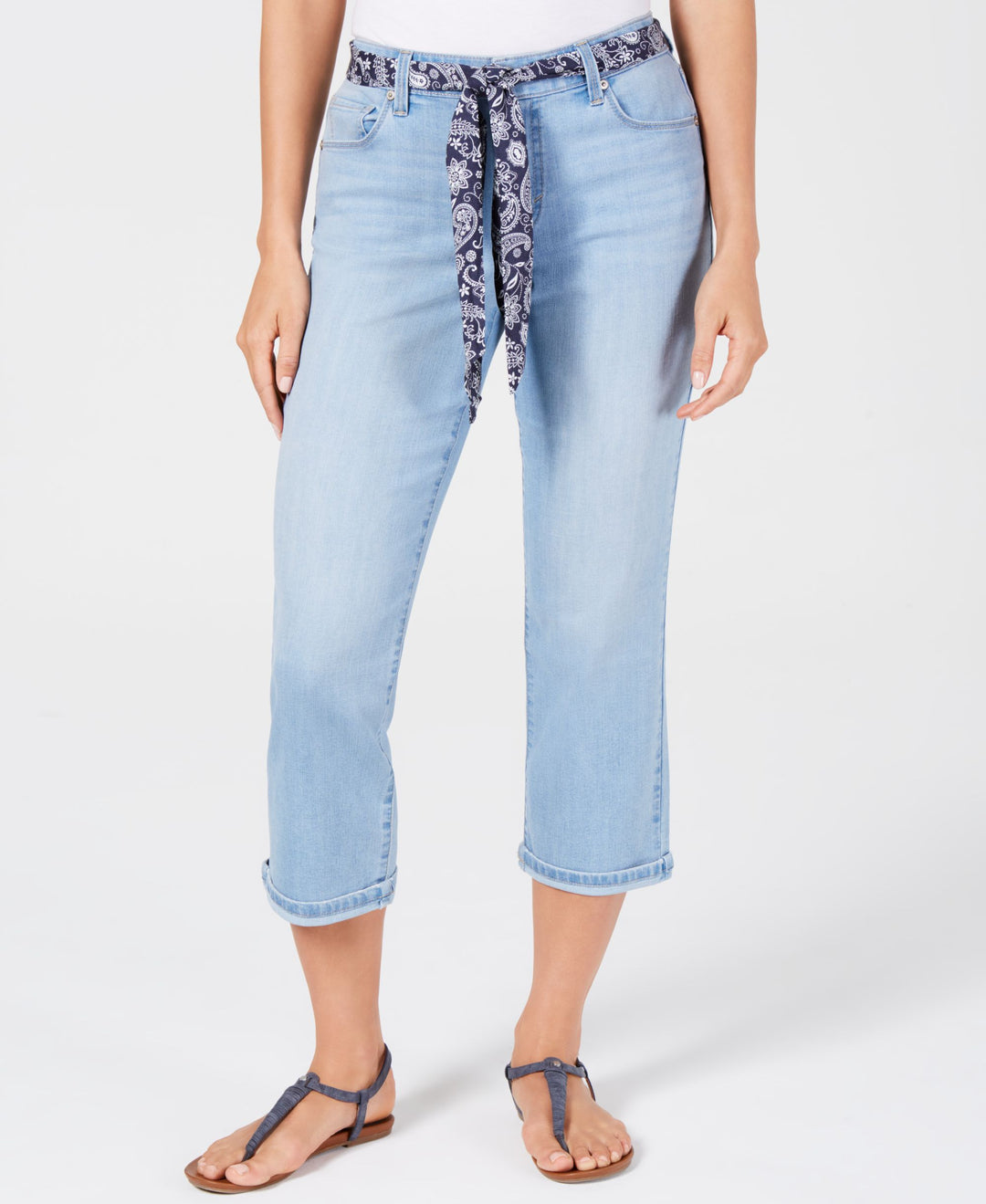 Petite Scarf-Belt Cuffed Capri Jeans