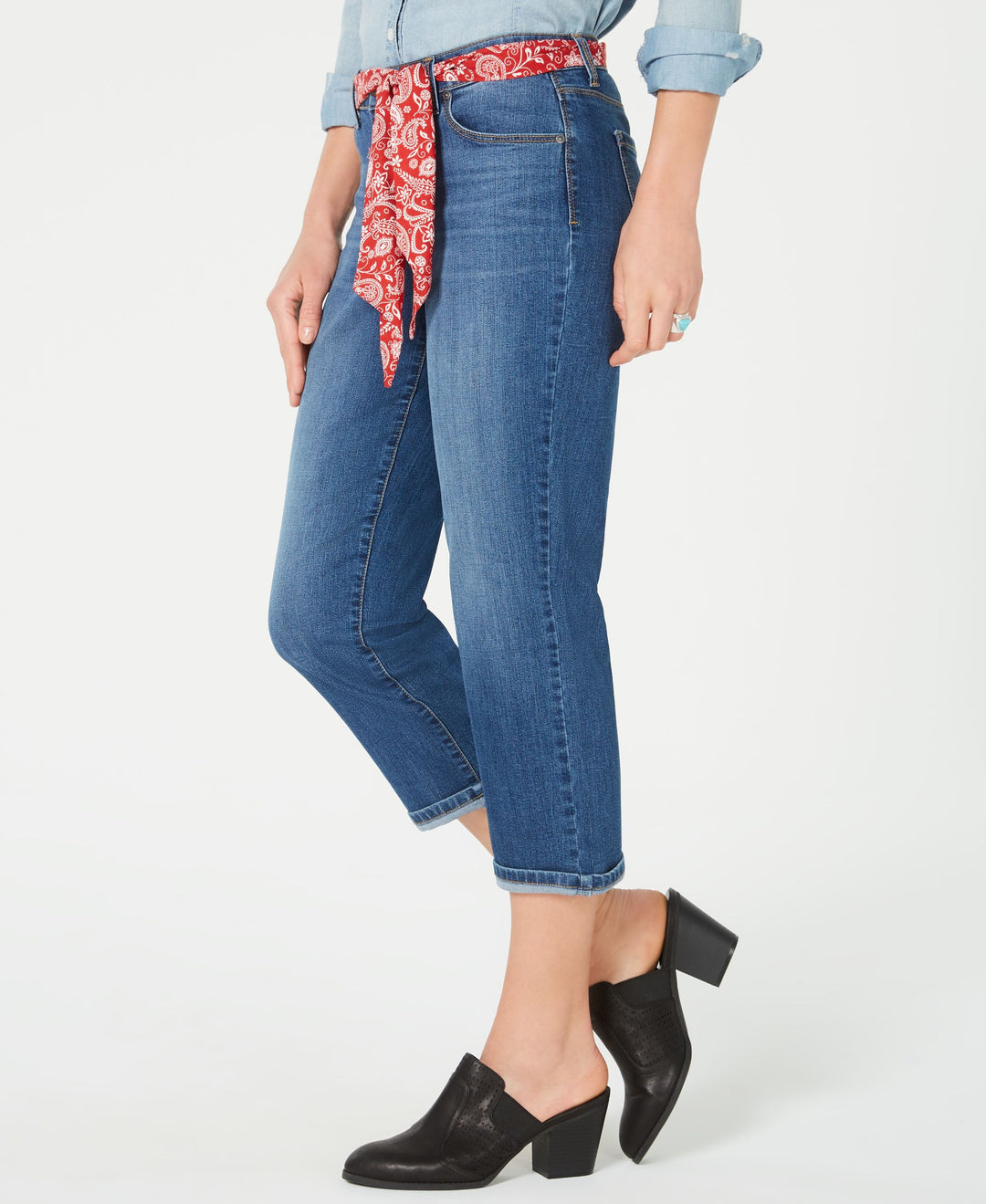 Petite Scarf-Belt Cuffed Capri Jeans