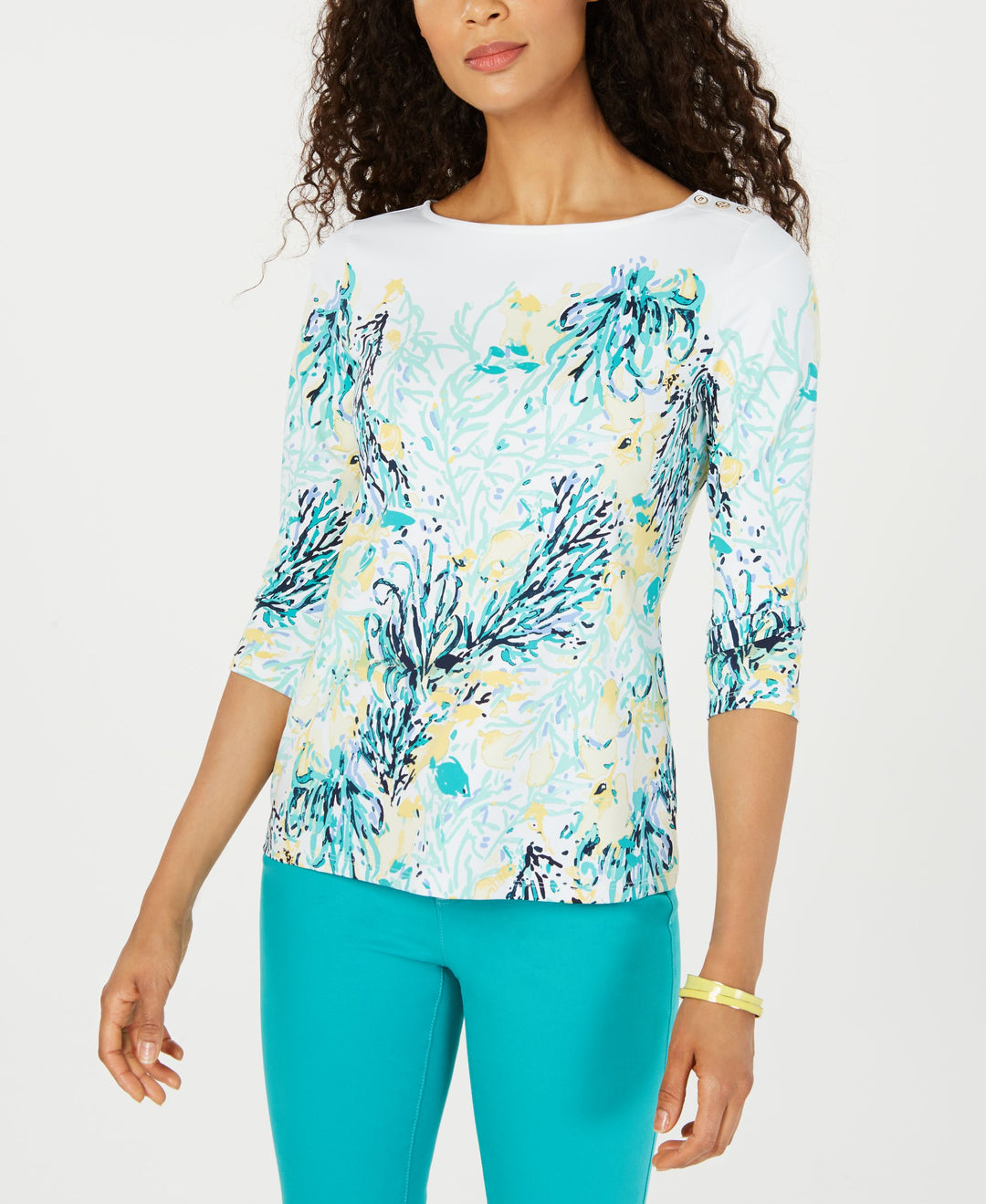 Charter Club Printed Boat Neck Button Detail Top