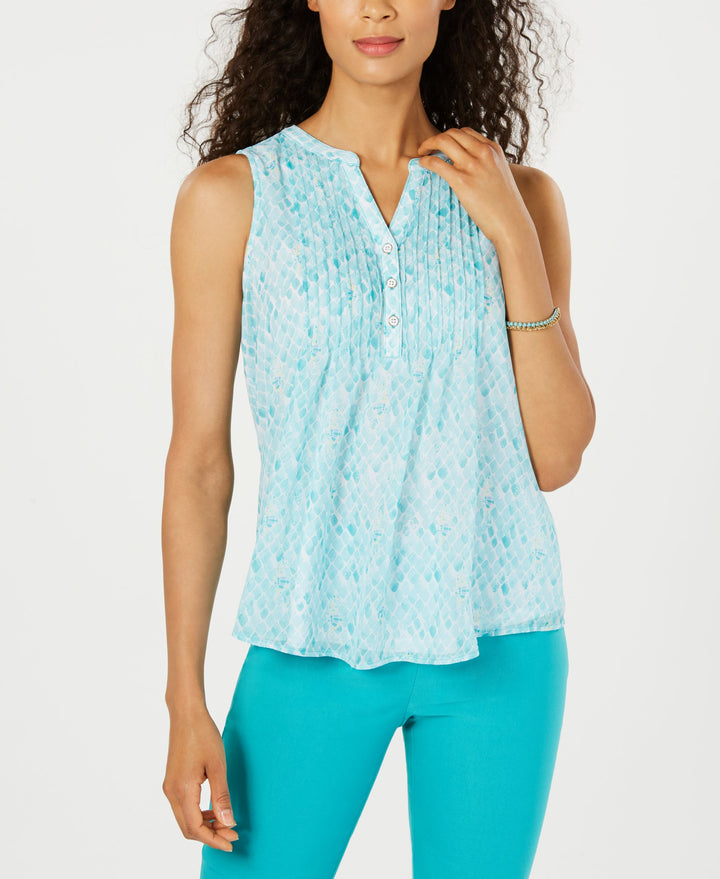 Charter Club Petite Seahorse Print Pintucked Top