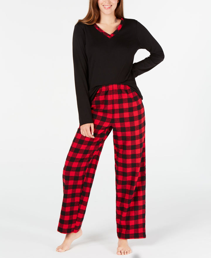 Women's Petite Plaid Flannel Mix It Pajamas Set