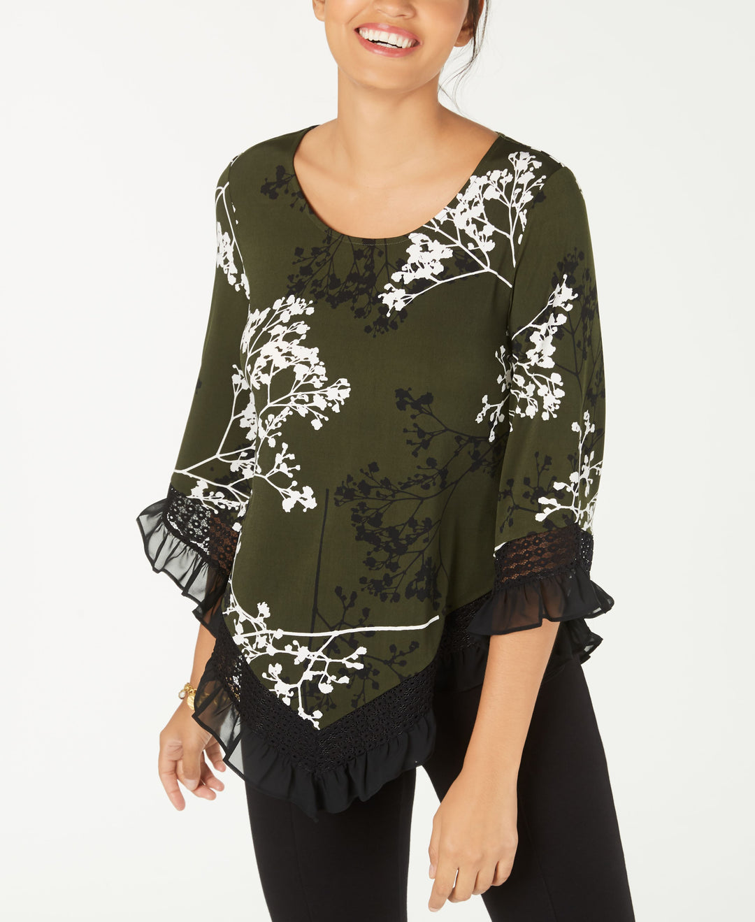 Petite Floral-Print Lace-Trim Top