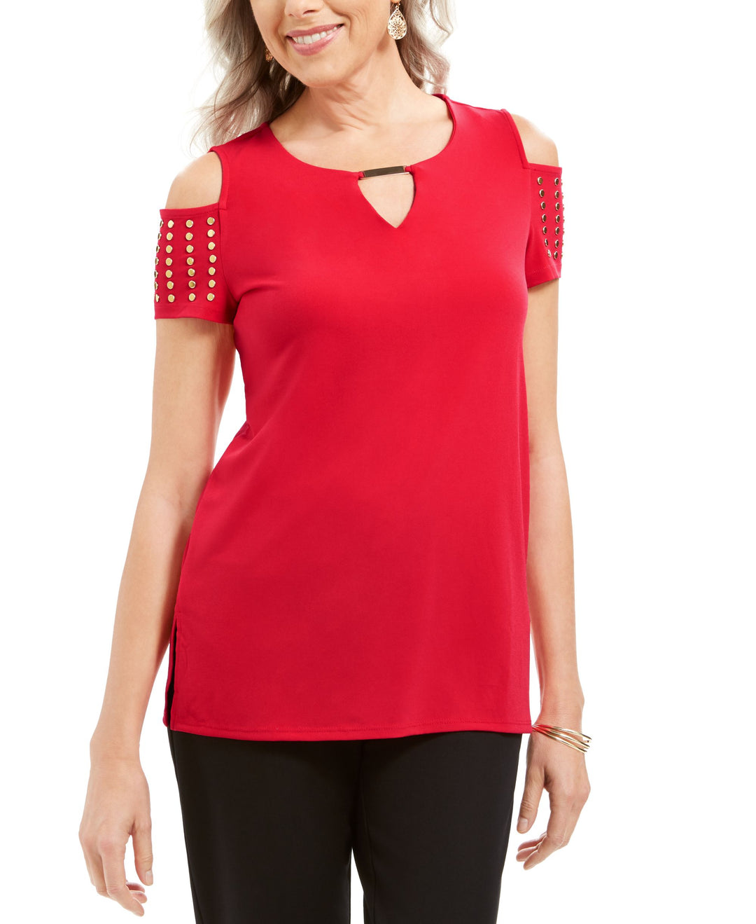 JM Collection Embellished Cold Shoulder Top