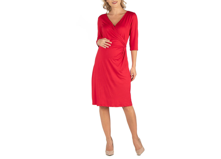 24seven Comfort Apparel Three Quarter Sleeve Knee Length Maternity Wrap Dress