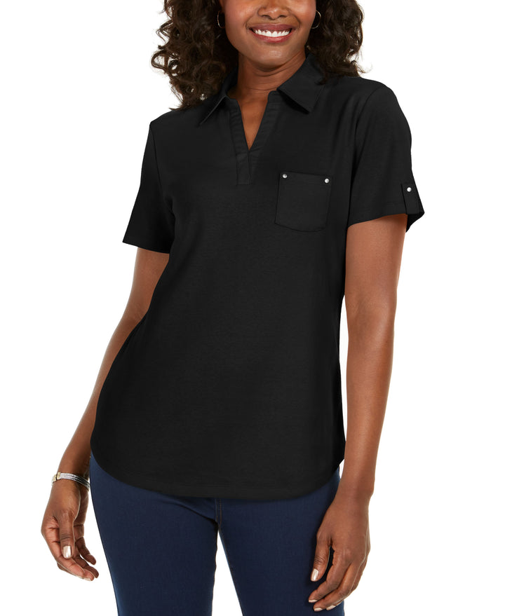 Karen Scott Petite Cotton Johnny Collar Top