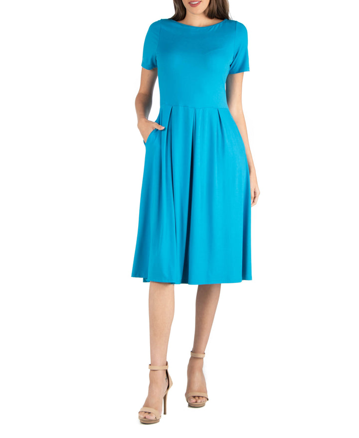 24seven Comfort Apparel Midi Dress With Short Sleeves Pocket Detail
