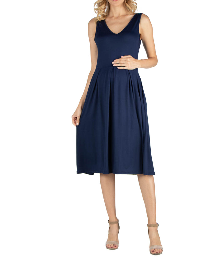Fit and Flare Sleeveless Maternity Midi Dress with Pockets