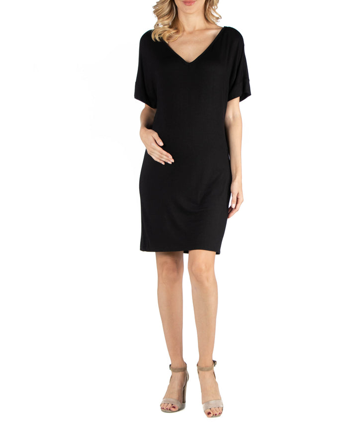 24seven Comfort Apparel Loose Fit T-Shirt Maternity Dress With V Neck