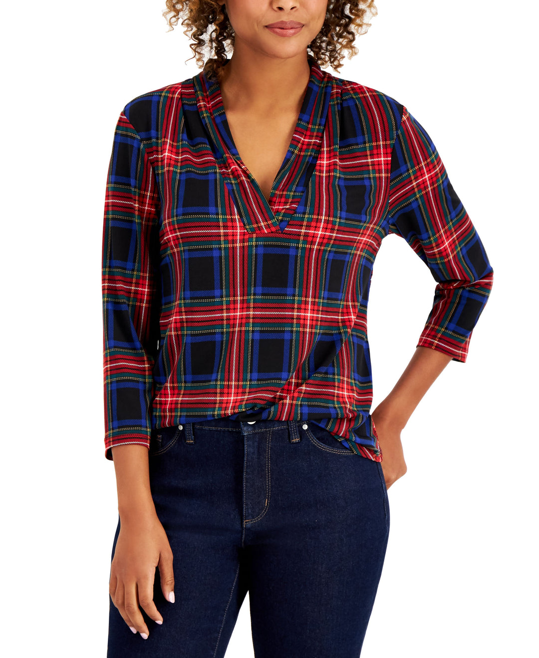 Plaid Pleated V-Neck Top