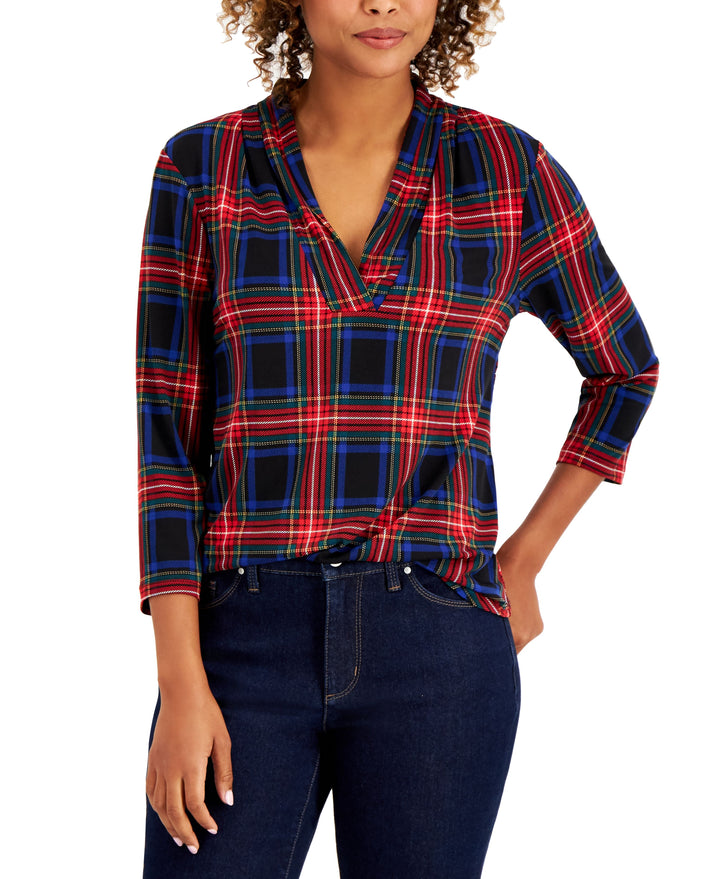 Plaid Pleated V-Neck Top