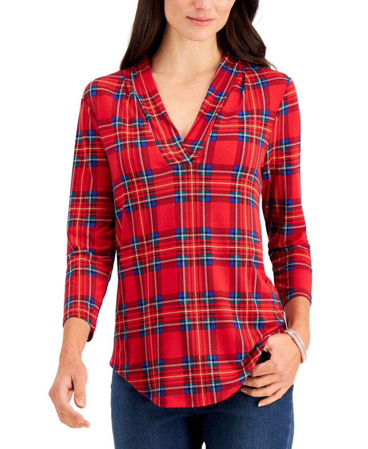Plaid Pleated V-Neck Top