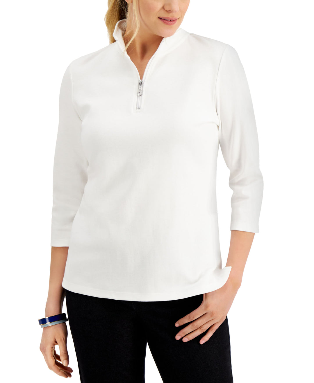 Karen Scott Cotton Zip Neck Top