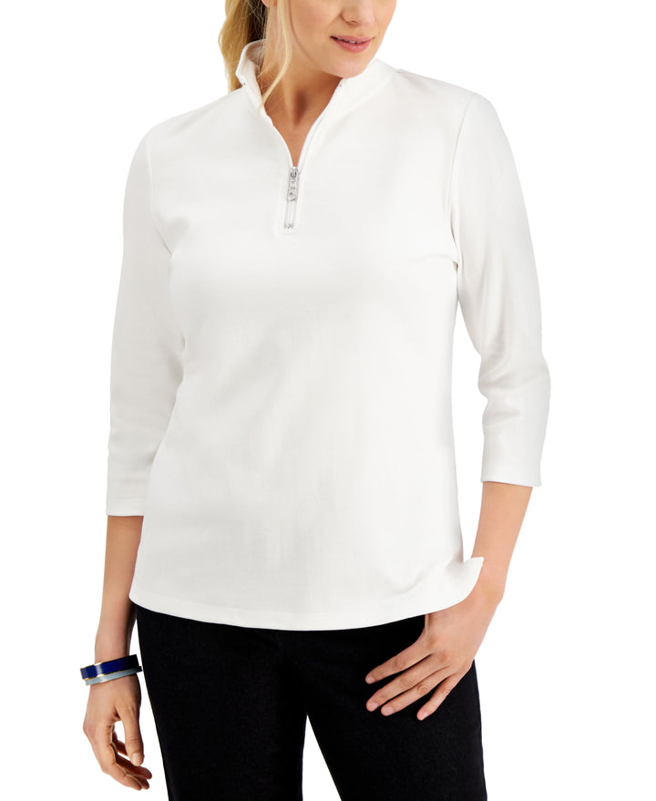 Karen Scott Cotton Zip Neck Top