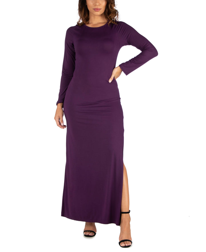 Womens Long Sleeve Side Slit Fitted Maxi Dress