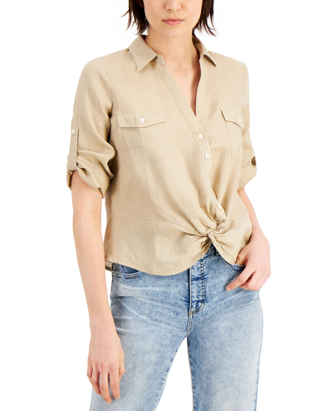 INC International Concepts Petite Linen Twist Hem Shirt