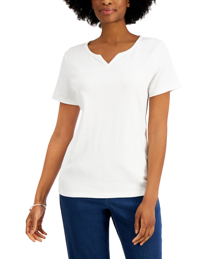 Karen Scott Petite Cotton Split Neck Top