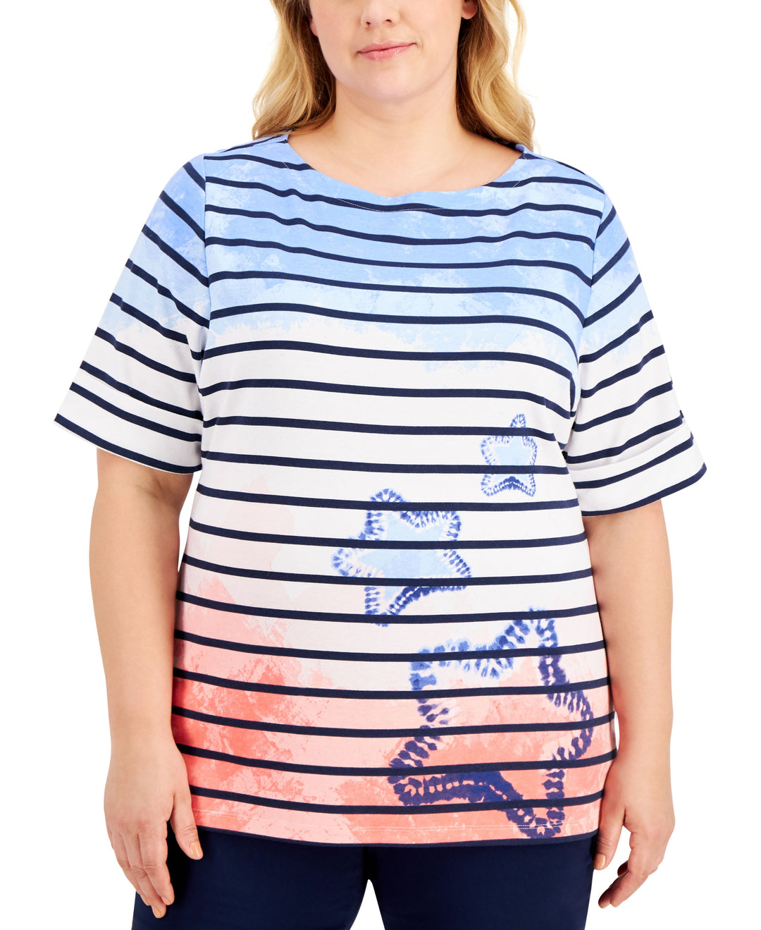 Karen Scott Plus Size Striped Tie Dye Cuff Sleeve Top