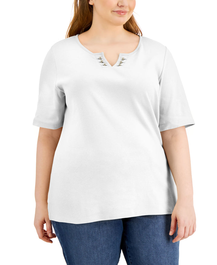 Karen Scott Plus Size Cotton Split Neck T-Shirt