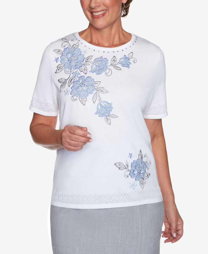 Alfred Dunner Womens Plus-Size Comfort Floral Applique Short Sleeve Lightweight Sweater