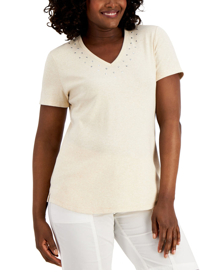Karen Scott Studded V Neck Top