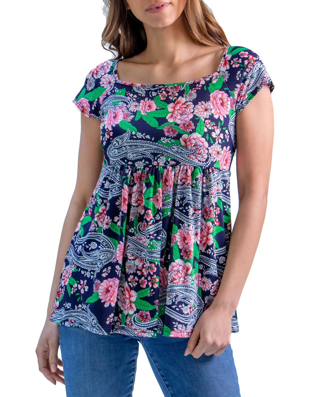 Womens Floral Print Cap Sleeve Babydoll Top