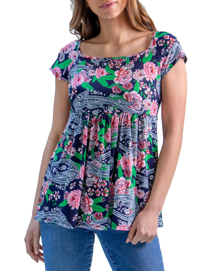 Womens Floral Print Cap Sleeve Babydoll Top