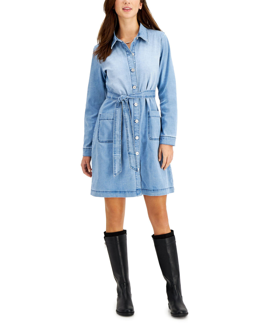 Style & Co Womens Belted Denim Dress