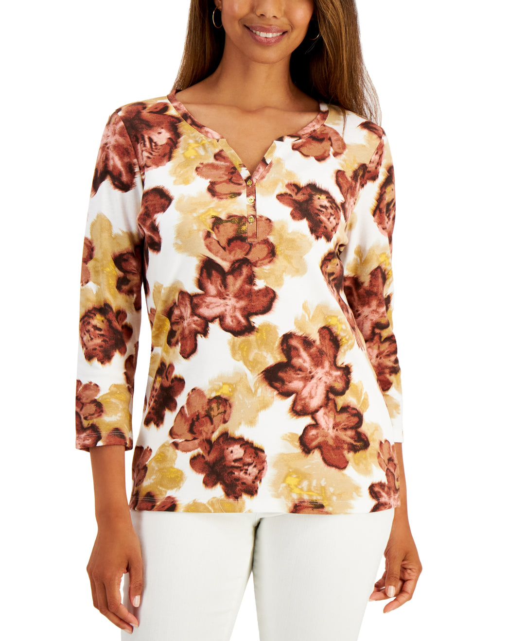 Leaf-Print Henley Top Autumn L