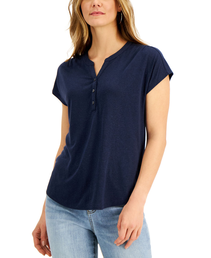 Style & Co Dolman Sleeve Henley Linen Blend Top