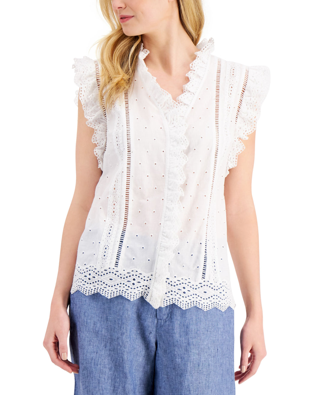 Charter Club Petite Cotton Ruffled Eyelet Trim Top