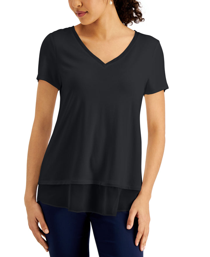 JM Collection V Neck Sheer Hem Top