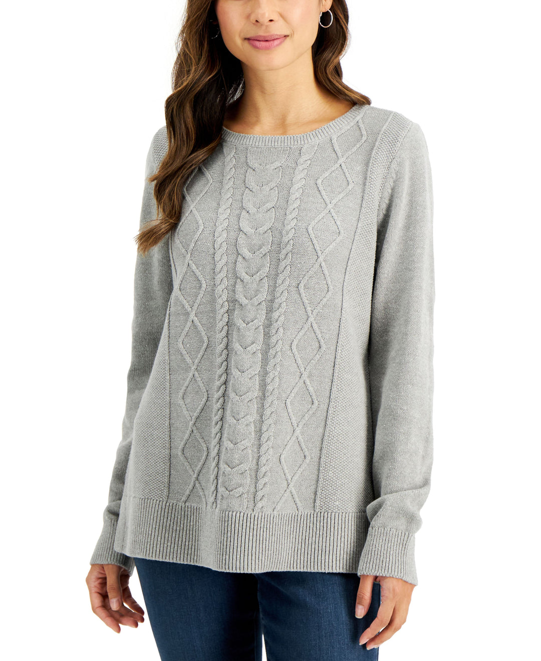 Karen Scott Petite Diamond Center Cable Knit Cotton Sweater