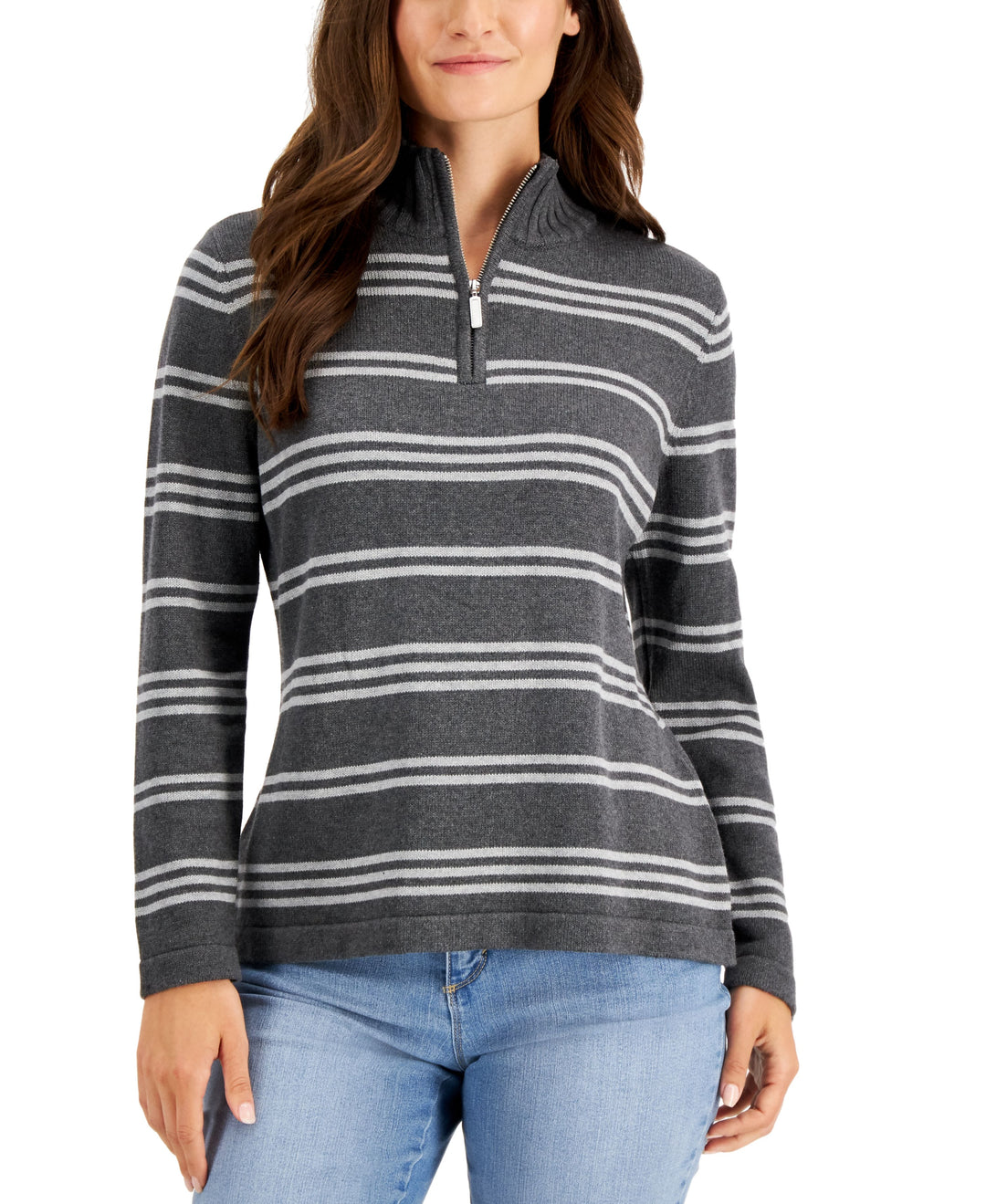 Karen Scott Donna Cotton Striped Quarter Zip Sweater