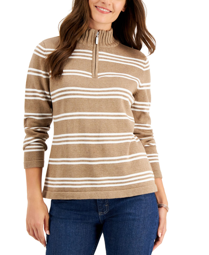 Karen Scott Donna Cotton Striped Quarter Zip Sweater