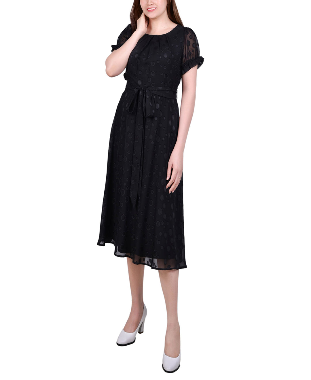 Petite Short Sleeve Belted Swiss Dot Dress