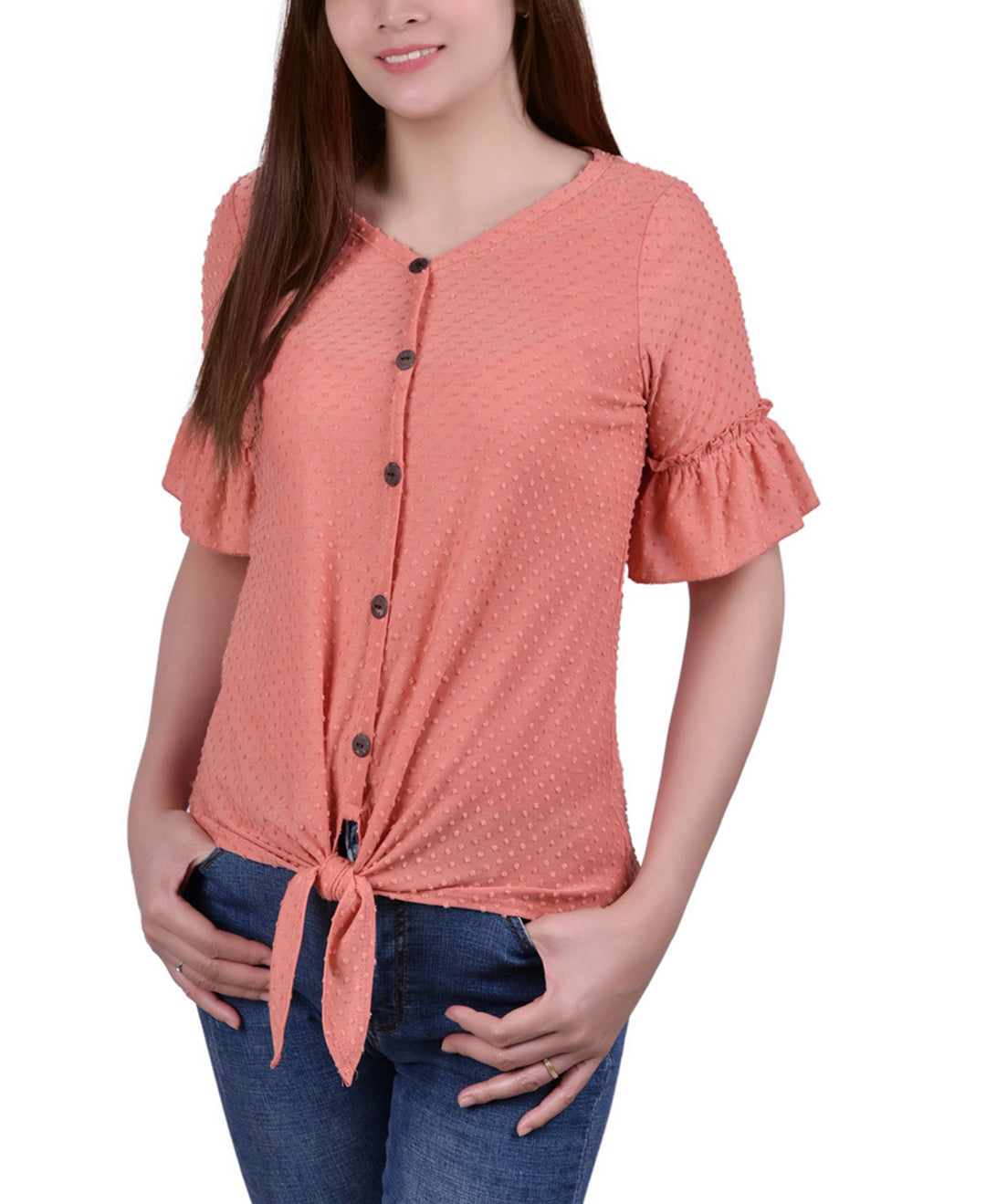 NY Collection Petite Swiss Dot Short Sleeve Tie Front Top