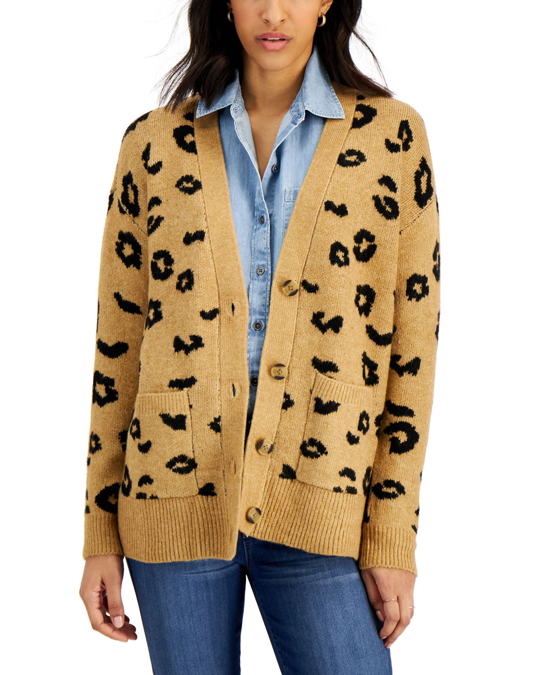 Style & Co Cheetah Print Button Down Cardigan Sweater