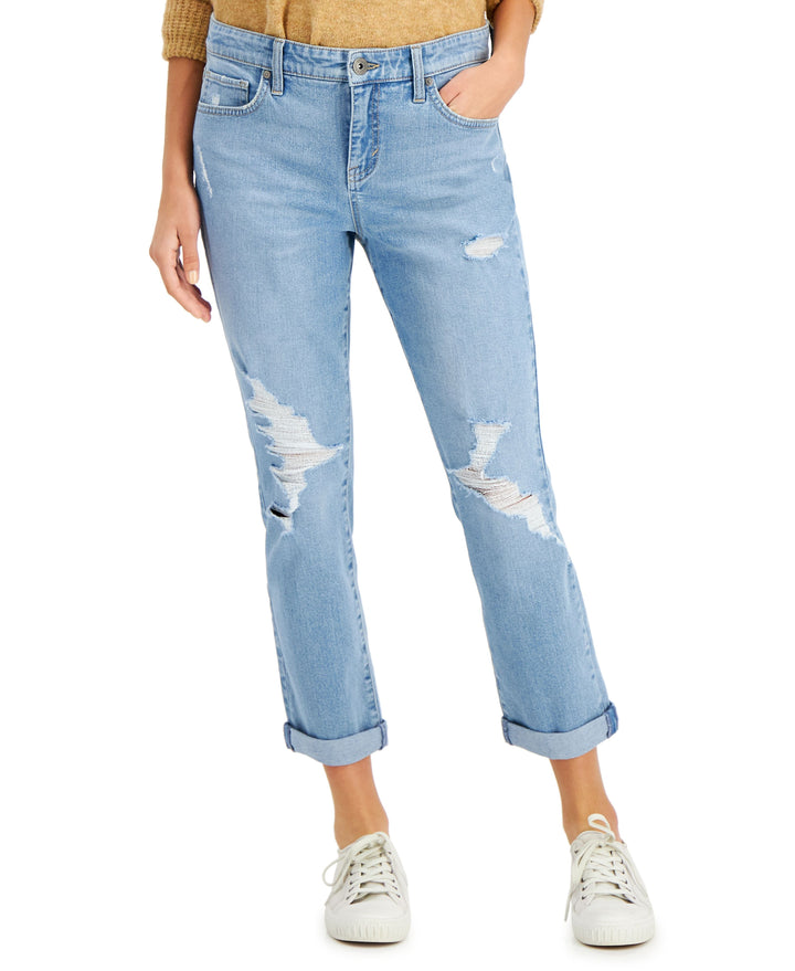 Style & Co Petite Distressed Curvy Girlfriend Jeans