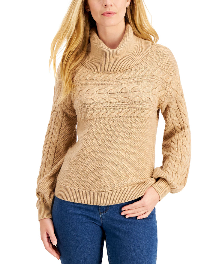 Mixed-Knit Cowlneck Sweater