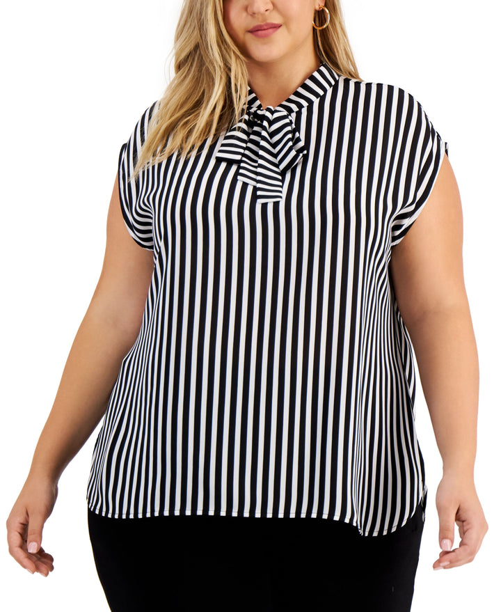 Trendy Plus Size Tie-Neck Striped Top