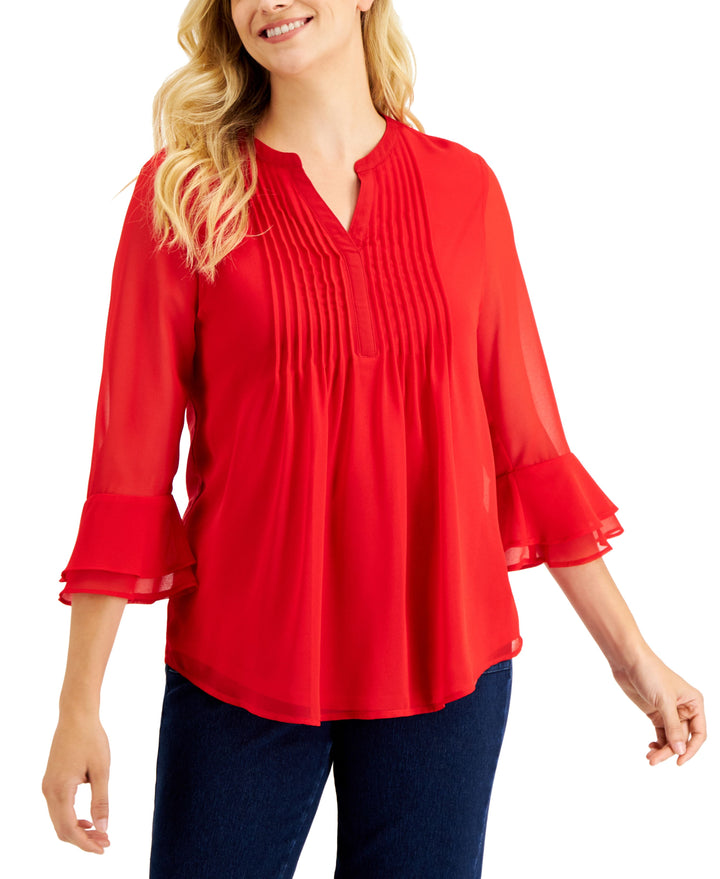 Charter Club Double Ruffle Solid Pintuck Top