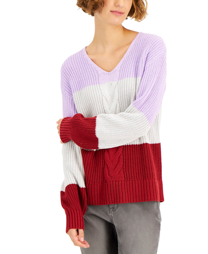 Style & Co Colorblocked Cable Front V Neck Sweater